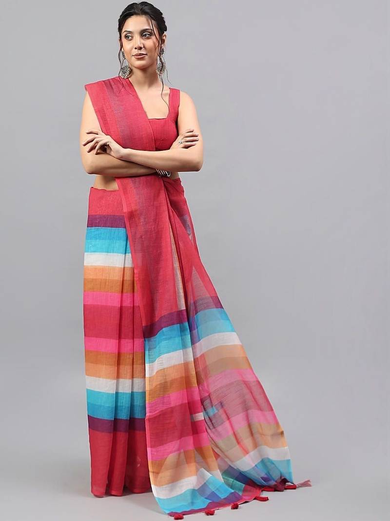 Red linen printed saree with blouse