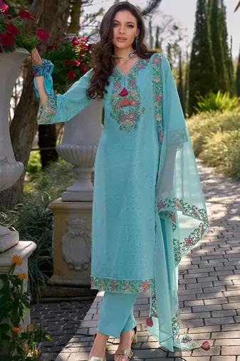 Women Floral Embroidered Regular Thread Work Pure Cotton Kurta with Trousers & With Dupatta