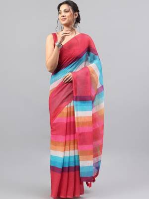 Red linen printed saree with blouse 4