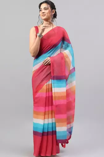 Red linen printed saree with blouse