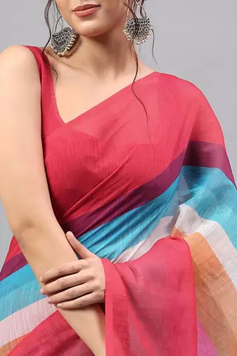 Red linen printed saree with blouse
