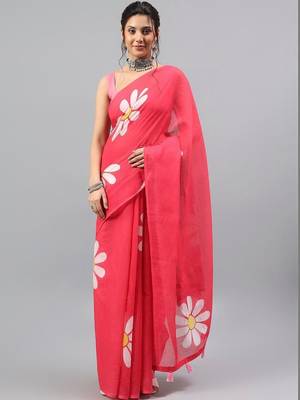 Pink linen printed saree with blouse 1