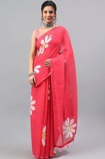 Pink linen printed saree with blouse