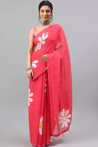 Pink linen printed saree with blouse