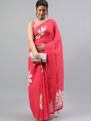 Pink linen printed saree with blouse 2