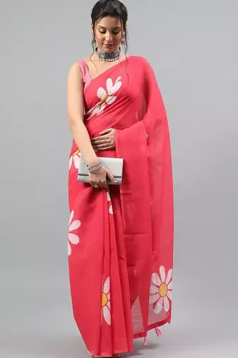 Pink linen printed saree with blouse