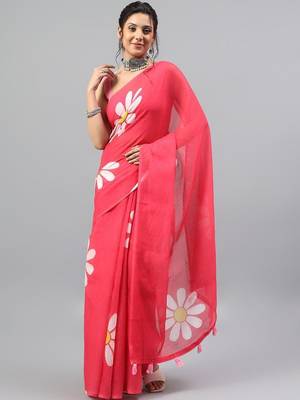 Pink linen printed saree with blouse 3