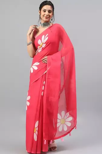 Pink linen printed saree with blouse