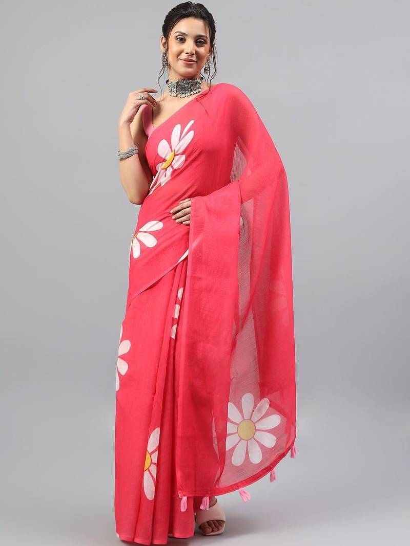 Pink linen printed saree with blouse