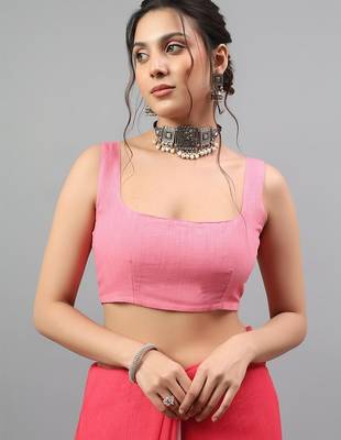 Pink linen printed saree with blouse 4