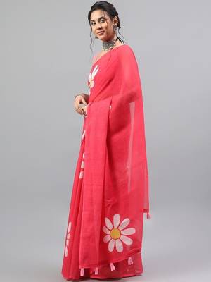 Pink linen printed saree with blouse 5