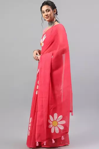 Pink linen printed saree with blouse