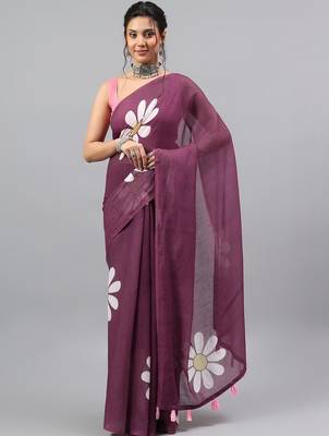 Purple linen printed saree with blouse 1