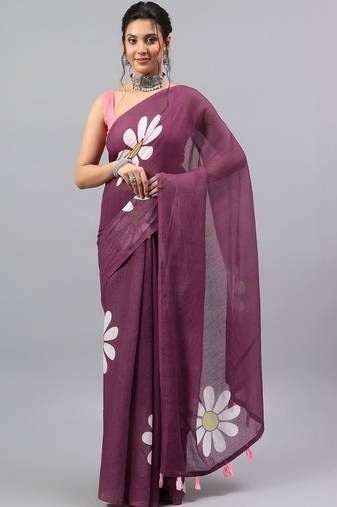 Purple linen printed saree with blouse