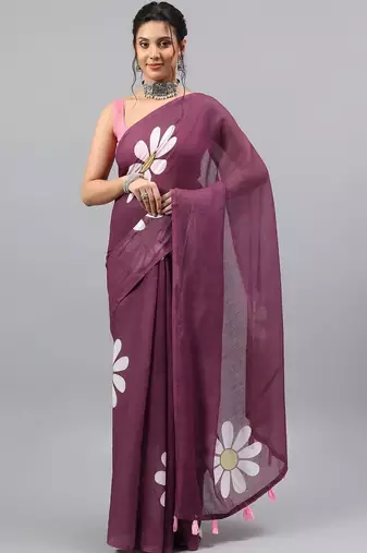 Purple linen printed saree with blouse