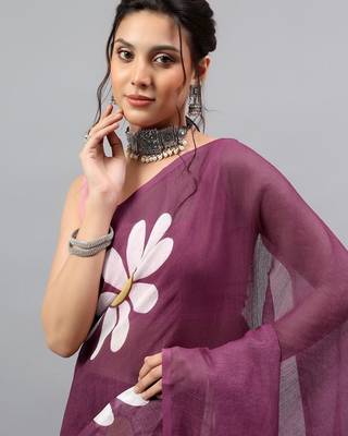 Purple linen printed saree with blouse 2