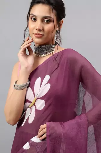 Purple linen printed saree with blouse