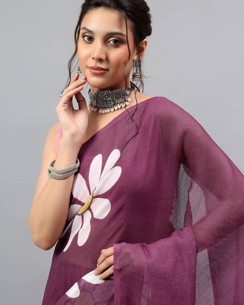 Purple linen printed saree with blouse