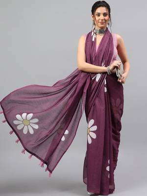 Purple linen printed saree with blouse 3