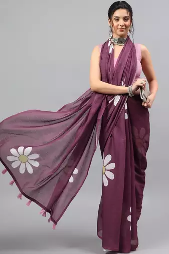 Purple linen printed saree with blouse