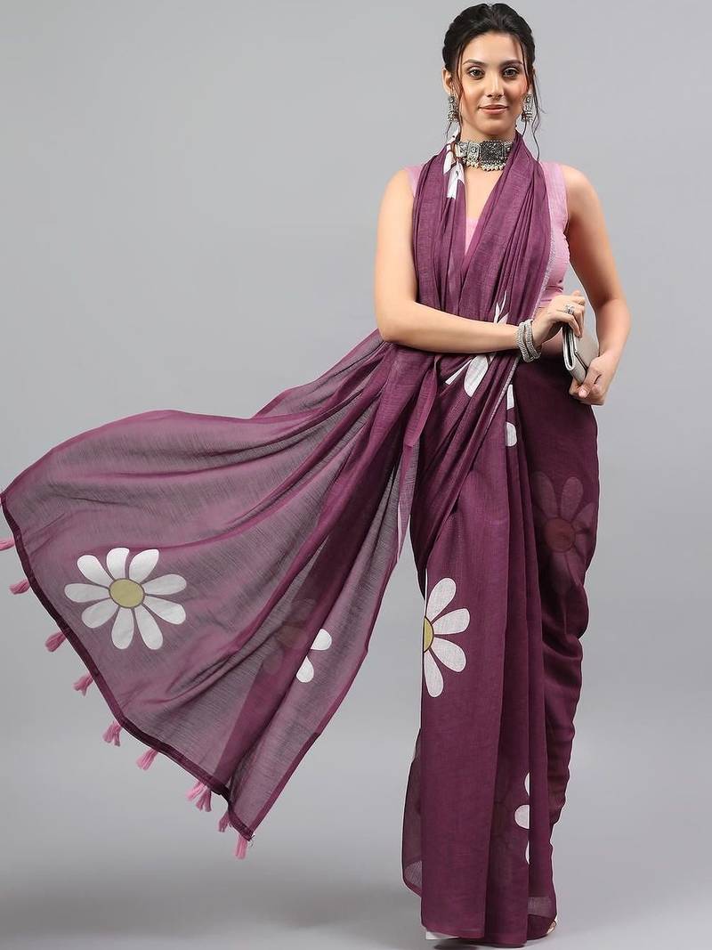 Purple linen printed saree with blouse