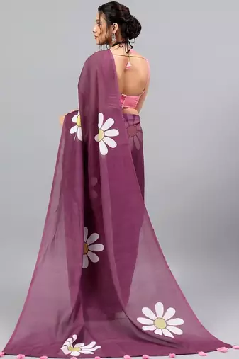 Purple linen printed saree with blouse