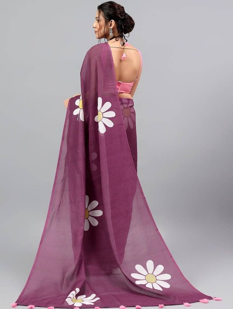 Purple linen printed saree with blouse