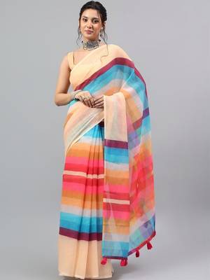 Beige linen printed saree with blouse 1