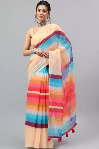 Beige linen printed saree with blouse