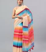Beige linen printed saree with blouse