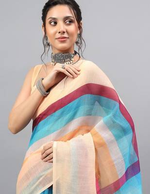 Beige linen printed saree with blouse 2