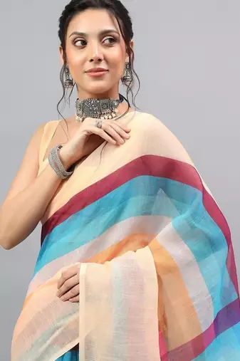 Beige linen printed saree with blouse