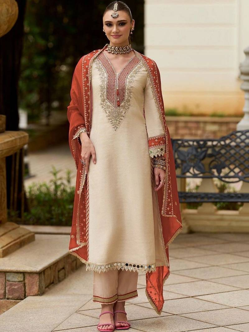 Women Ethnic Motifs Embroidered Regular Mirror Work Kurta with Trousers & With Dupatta