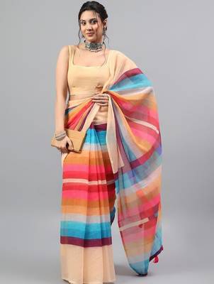 Beige linen printed saree with blouse 3