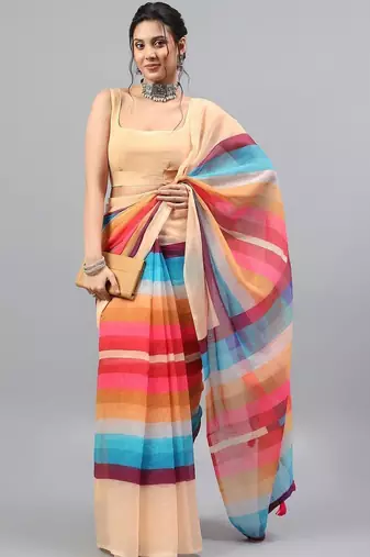 Beige linen printed saree with blouse
