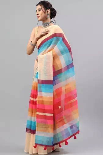 Beige linen printed saree with blouse