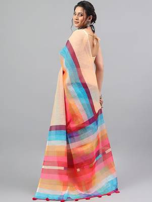 Beige linen printed saree with blouse 5