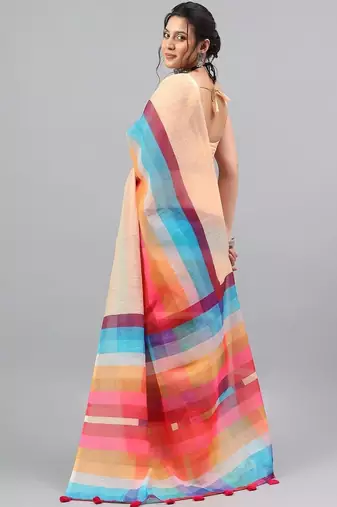 Beige linen printed saree with blouse