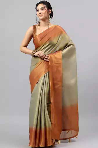 Olive tissue dyed saree with blouse
