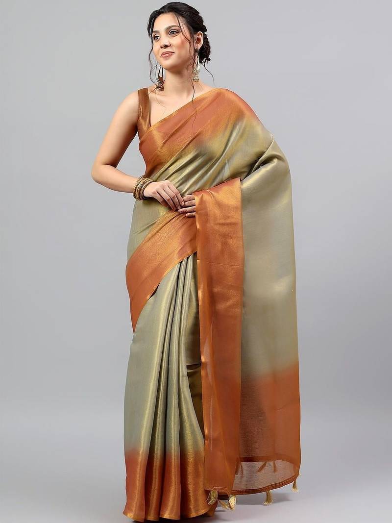 Olive tissue dyed saree with blouse