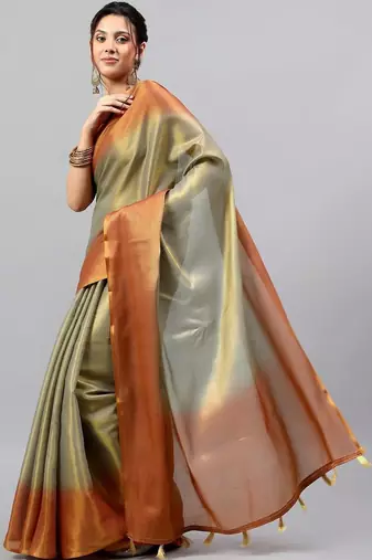 Olive tissue dyed saree with blouse