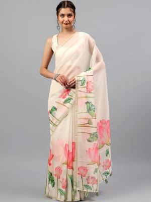 Off white organza printed saree with blouse 1
