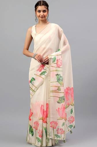 Off white organza printed saree with blouse