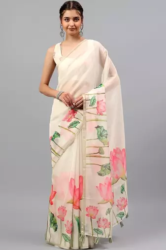 Off white organza printed saree with blouse