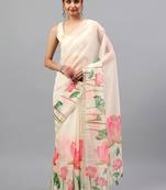 Off white organza printed saree with blouse