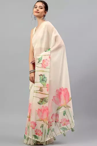 Off white organza printed saree with blouse