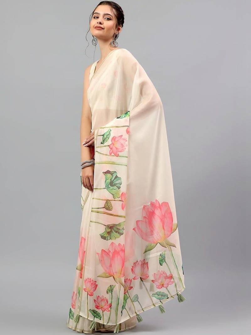 Off white organza printed saree with blouse