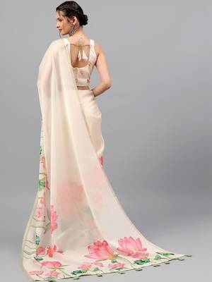 Off white organza printed saree with blouse 3