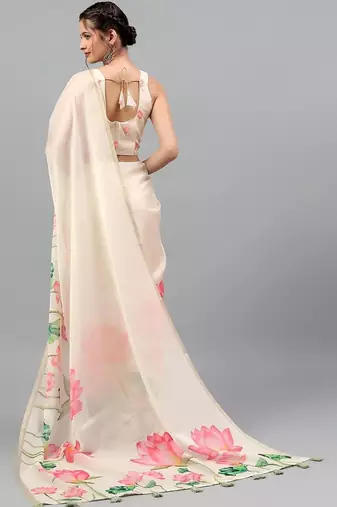Off white organza printed saree with blouse