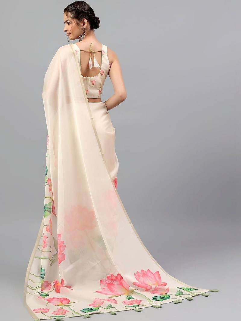 Off white organza printed saree with blouse